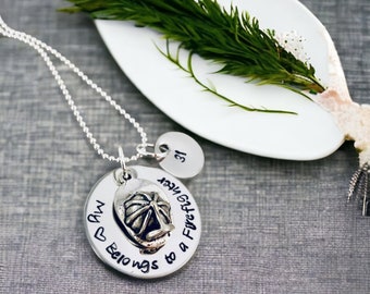My heart belongs to a firefighter custom necklace wife of firefighter girlfriend firefighter helmet charm monogrammed name necklace hero