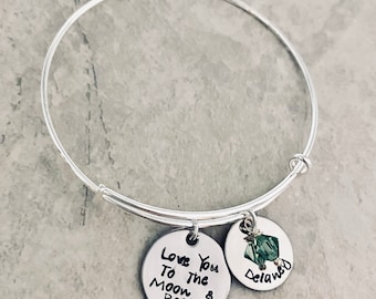 Love you to the moon and back custom personalized bangle bracelet monogrammed bracelet gift for mom gift from child moon & back I love you