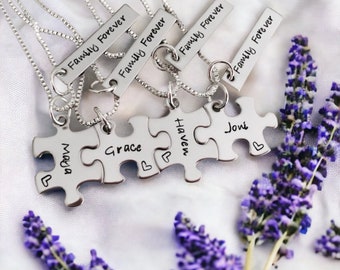 Set of personalized puzzle piece necklaces personalized necklace set family sisters bridesmaids wedding favors forever family monogrammed