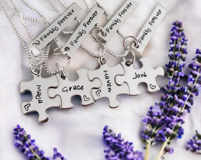 Featured listing image: Set of personalized puzzle piece necklaces personalized necklace set family sisters bridesmaids wedding favors forever family monogrammed
