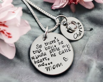 Hand stamped personalized mothers necklace so there's this boy, he kinda stole my heart, he calls me mom