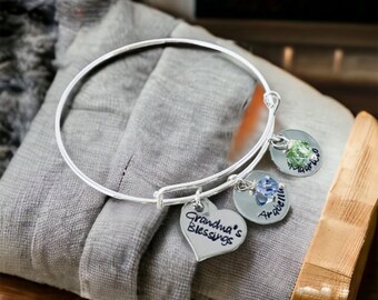 Personalized grandmas blessings bracelet for grandma grandma's blessings kids names and children's birthstones mothers bracelet mom bangle