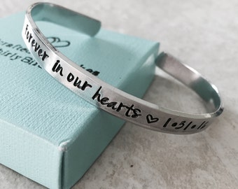 Sale forever in our hearts personalized cuff bracelet remembrance jewelry pregnancy loss monogrammed hand stamped custom jewelry in my heart