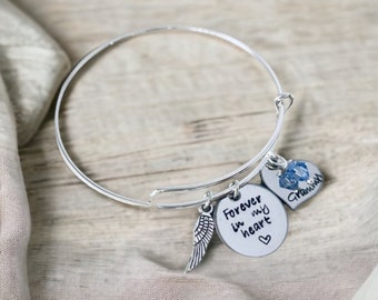 Forever in my heart memorial bracelet memorial jewelry angel wing charm jewelry birthstone name charm grief and mourning bangle bracelet