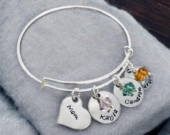 Hand stamped personalized bangle bracelet bracelet children names birthstone custom bracelet cuff bracelet mothers jewelry grandma gift
