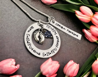 Personalized adoption necklace hand stamped necklace adoption gift custom adoption gift adopted daughter baby feet charm birthstone gotcha
