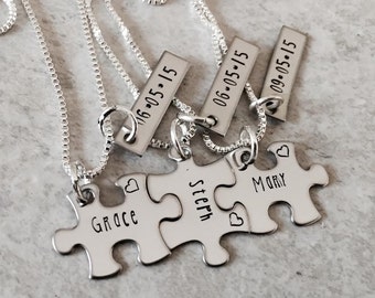 Set of personalized puzzle piece necklaces with names and date bridesmaid gifts sisters wedding gifts wedding custom jewelry monogrammed