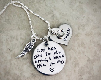 God has you in His arms, I have you in my heart memorial jewelry loss of parent loss of child loss of pet sympathy gift angel wing custom