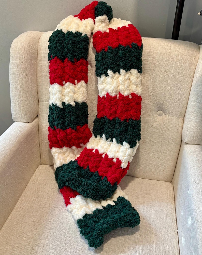 Hand Knit Chunky Christmas Scarf - Red Green Cream Chenille - Etsy