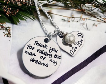 Thank you for raising the man of my dreams hand stamped personalized mother in law necklace wedding gift for mother in law MIL grooms mom