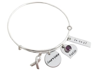 Personalized bangle bracelet cancer survivor bracelet jewelry battling cancer breast cancer survivor personalized jewelry with hope ribbon