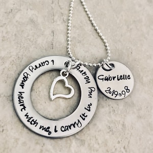 I carry your heart with me I carry it in my heart hand stamped necklace jewelry memorial jewelry loss of parent loss of child loss of pet