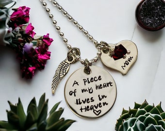 Custom memorial necklace a piece of my heart lives in Heaven personalized with name and birthstone memorial remembrance jewelry