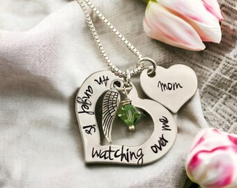 An angel is watching over me guardian angel personalized necklace with birthstone grandma grandpa mom dad remembrance forever in our heart