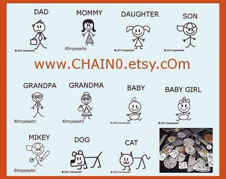 Hand stamped dad mom grandpa grandma mommy family keychain with stick figure kids personalized