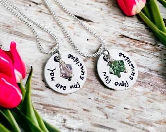 You are my sunshine my only sunshine necklace set custom jewelry mother daughter sister best friend necklace set with birthstones engraved