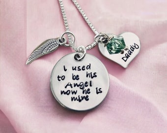 I used to be his angel now he is mine personalized necklace in memory of remembrance jewelry forever in our heart mom dad grandma loss