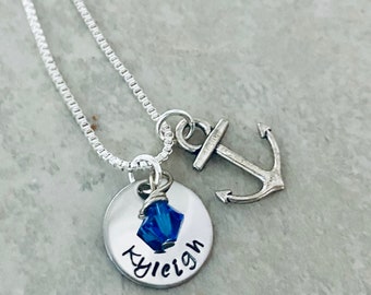 Personalized anchor necklace with name charm and birthstone navy wife girlfriend mom military deployment military spouse squadron gift