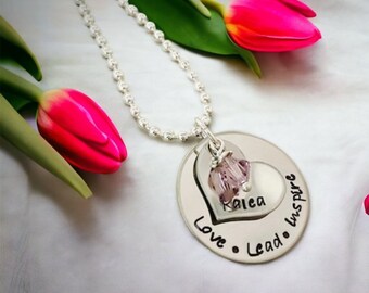 Love Lead Inspire teacher necklace personalized birthstone thank you love teach inspire girl scouts leader hand stamped jewelry custom