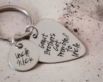 Great brothers get promoted to uncle personalized uncle keychain baby announcement guitar pick keychain hand stamped personalized