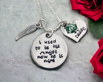 I used to be his angel now he is mine personalized necklace with name charm and birthstone remembrance necklace personalized gift angel wing