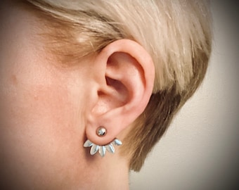 Silver lotus flower earrings ear hugger earrings silver flower leaf earrings boho earrings fun earrings silver drop earrings