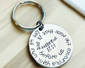Hebrews 12:1 keychain custom engraved Bible verse keychain let us run with endurance the race that is set before us runner gift