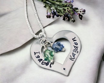 Hand stamped personalized mother or grandmothers necklace with heart and swarovski crystals gift for mom mothers necklace mothers day