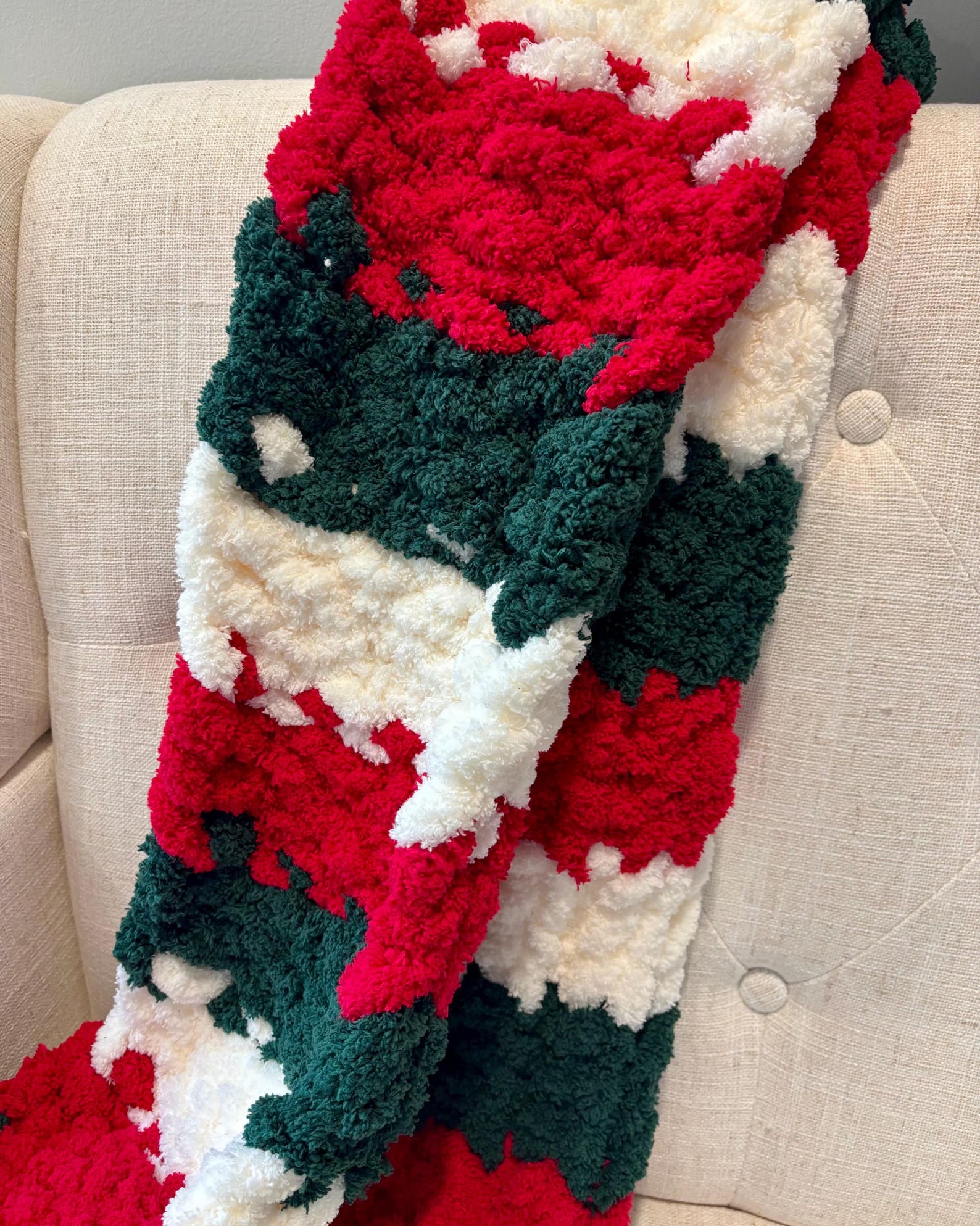 Hand Knit Chunky Christmas Scarf - Red Green Cream Chenille - Etsy