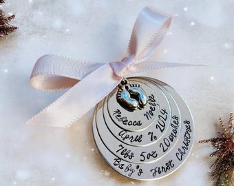 SALE  Hand stamped personalized baby's first christmas ornament pregnancy custom ornament monogrammed personalized christmas keepsake gift