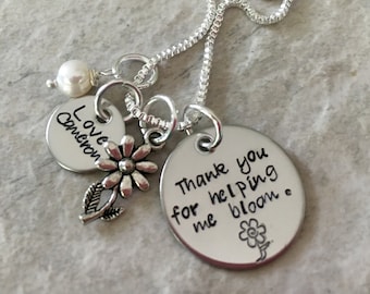 Thank you for helping me bloom helping me for personalized teacher necklace hand stamped customized jewelry teacher appreciation