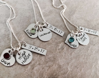 Set of Personalized bridal jewelry for bridesmaid maid of honor flower girl bride bridal petty gifts hand stamped custom with wedding date