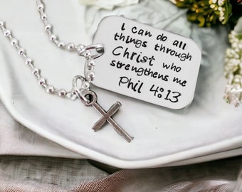 I can do all things through Christ who strengthens me Philippians 4:13 hand stamped personalized necklace faith jewelry bible verse jewelry