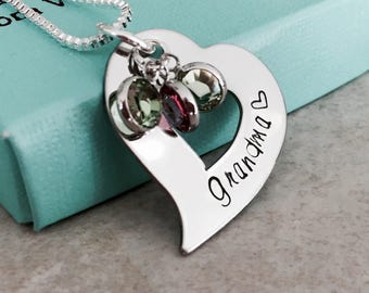 Grandma necklace mom necklace personalized necklace with birthstones heart charm Gift for grandma jewelry gift for mom jewelry mother's day