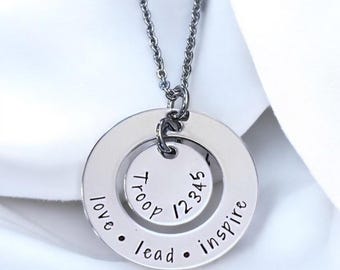 Love Lead Inspire necklace Girl Scout necklace personalized birthstone love teach inspire leader hand stamped jewelry custom on my honor