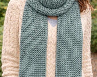 Chunky Knit Scarf - Soft Wool Blend Winter Scarf Hand Knit Scarf Cozy Neutral Blue Scarf Handmade Gift Chunky Yarn Neutral Color Scarf