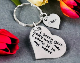 I carry your heart with me I carry it in my heart hand stamped personalized keychain mom dad wedding