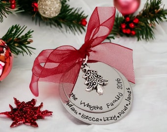 Personalized Family Christmas Ornament with Christmas Tree Charm Hand stamped christmas ornament custom family ornament first christmas