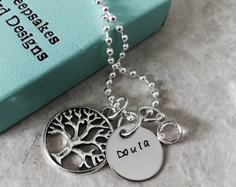 Hand stamped personalized necklace with tree of life charm and Swarovski crystal doula