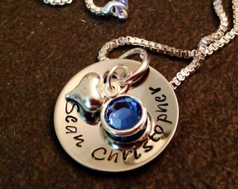 Hand stamped personalized necklace with name or date and Swarovski crystal birthstone new mom grandma