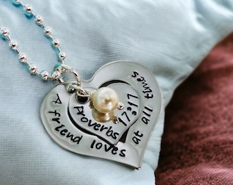 A friend loves at all times bible verse necklace proverbs 17:17 hand stamped personalized with birthstone bible verse necklace best friends