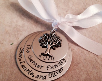 Personalized christmas ornament family tree hand stamped