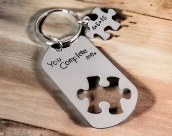 You complete me puzzle piece keychain personalzied keychain wedding date wedding gift boyfriend girlfriend best friends keepsake