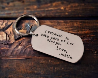 I promise to take care of her always mother in law father in law keychain personalized keychain hand stamped custom monogrammed wedding gift