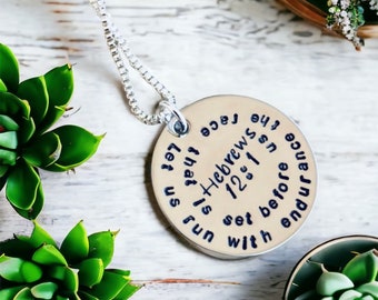 Hebrews 12:1 necklace let us run with endurance the race that is set before us marathon runner personalized necklace bible verse encourage