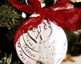 Personalized First Christmas Ornament our first christams as Mr and Mrs Husband and wife first christmas married engagement ornament heart