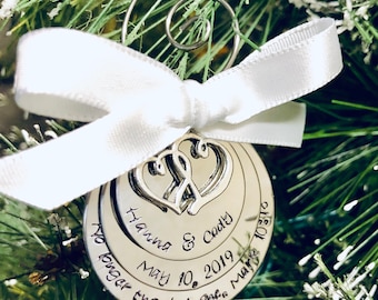 Custom Christmas ornament no longer two but one wedding date anniversary date first Christmas married Mark 10:8 bible verse ornament gift