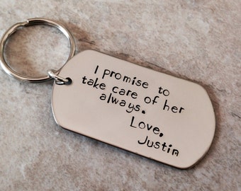 I promise to take care of her always personalized mother inane gift wedding favors custom keychain hand stamped metal work jewelry