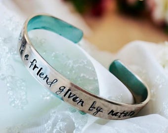 Sale A sister is a friend given by nature hand stamped personalized cuff bracelet with custom wording sister bracelet gift jewelry monogram