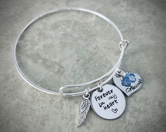 Forever in my heart memorial bracelet memorial jewelry angel wing charm jewelry birthstone name charm grief and mourning bangle bracelet